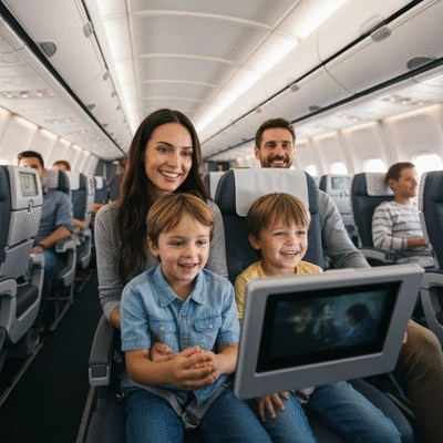 Family with young children enjoying in-flight entertainment on an airplane, bright and clean, no text, no words, no typography