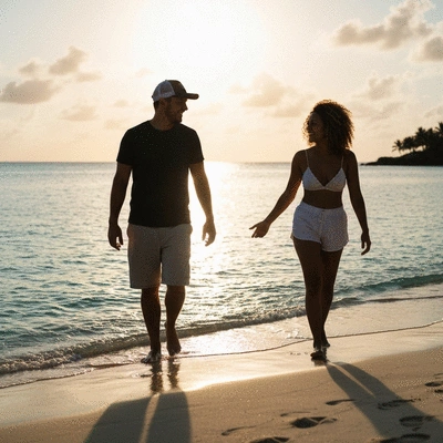 Happy couple walking on a tropical beach at sunset