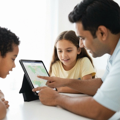 Family using a tablet to plan their vacation, pointing at a map on screen, no text, no words, no typography, 8K