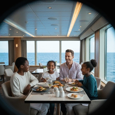Family with two children enjoying a meal together on a cruise ship restaurant, with ocean views