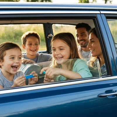 Family playing a car game on a road trip, laughing and smiling