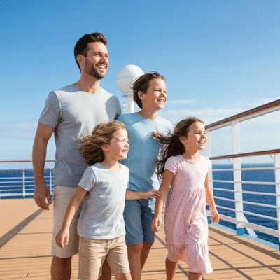 Happy family on a cruise deck, looking out at the ocean, enjoying the sun