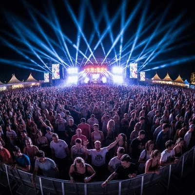 Large crowd at an outdoor music festival at night, stage lights, energetic atmosphere