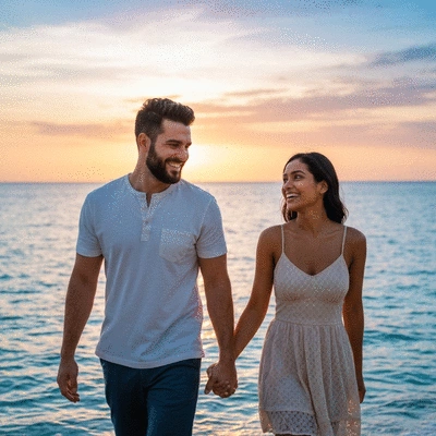 Happy couple walking on a scenic beach during sunset