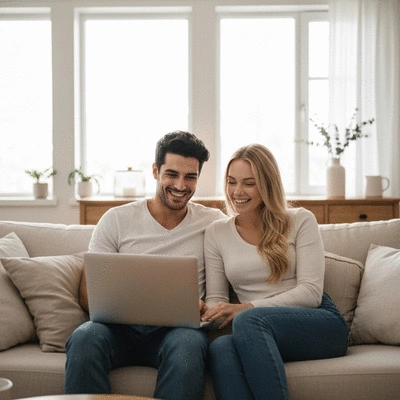 Happy couple planning honeymoon on a laptop at home