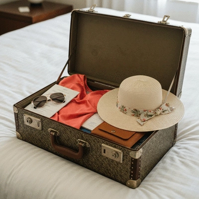 Open suitcase with neatly packed honeymoon essentials