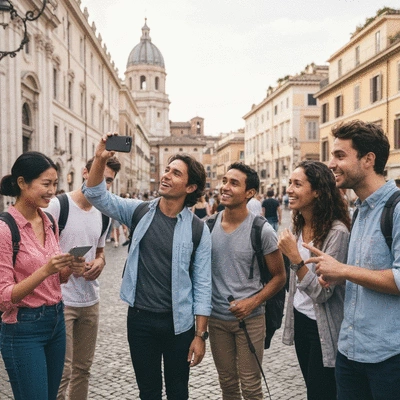 Travelers exploring a historical European city with a knowledgeable guide, no text, no words, no typography, no labels, clean image