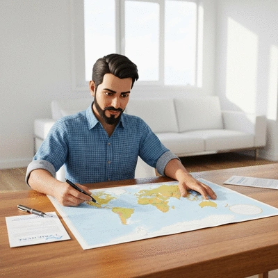 Person looking at world map with travel insurance documents