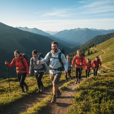 Group of adventurers hiking in a mountainous landscape with clear skies, no text, no words, no typography, no labels, clean image