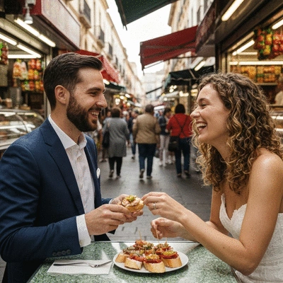 Couple enjoying local cuisine at a vibrant market