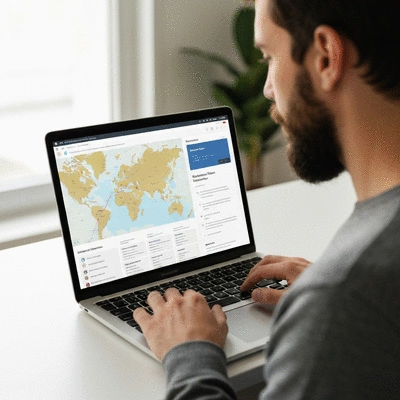 Person using a laptop to book a domestic tour online, showing a map and travel itinerary