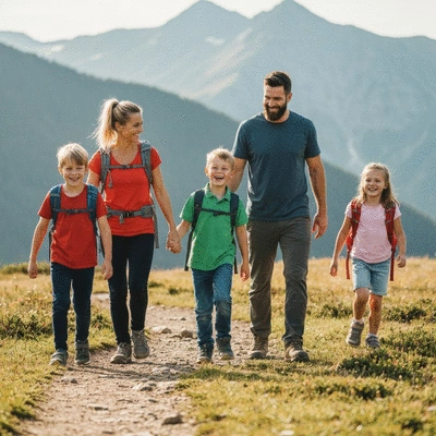 Family enjoying a scenic hike with stunning views, no text, no words, no typography