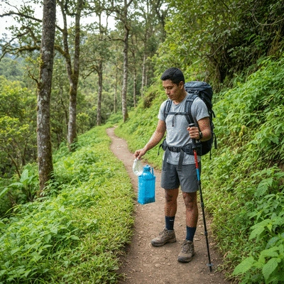 Person picking up litter on a hiking trail, showcasing responsible tourism