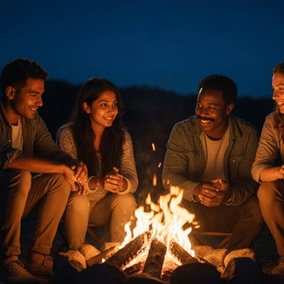 Diverse group of travelers sharing stories and tips around a campfire, warm and inviting atmosphere, no text, no words, no typography, clean image