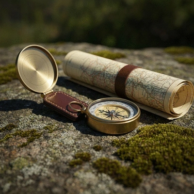 Compass and map on a rugged outdoor surface, symbolizing adventure and navigation