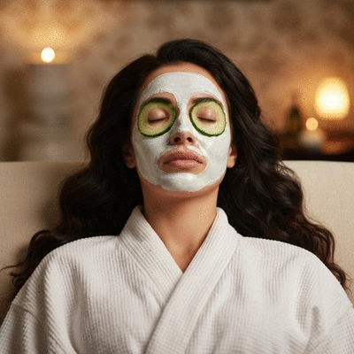 Woman enjoying a spa day during a microcation, relaxing with a face mask