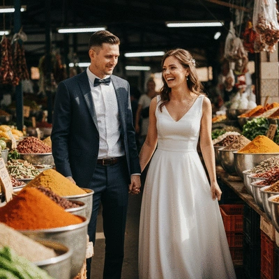Couple enjoying a romantic culinary experience at a market
