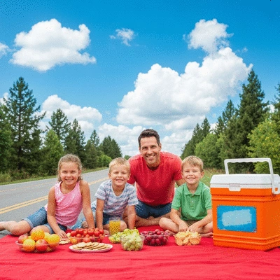 Family enjoying healthy snacks during a road trip, with a cooler in the background