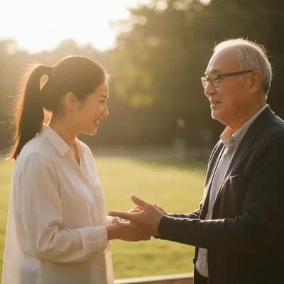 Couple happily reviewing honeymoon budget on a tablet with travel brochures and coffee