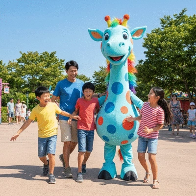 Happy family interacting with a resort character