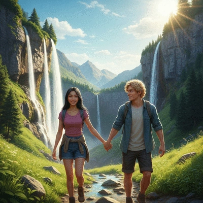 Couple hiking in a scenic mountain landscape, holding hands