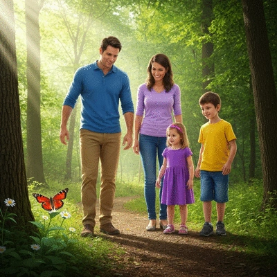 Family exploring a national park, focusing on nature education