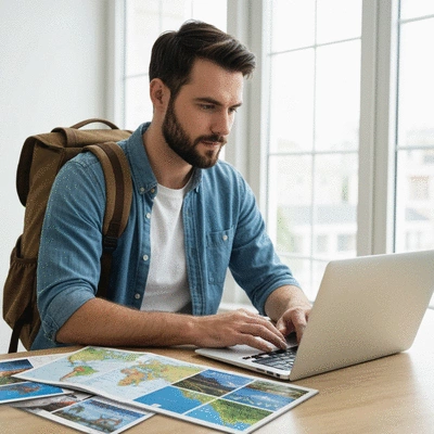 Adventure traveler researching destination on a laptop