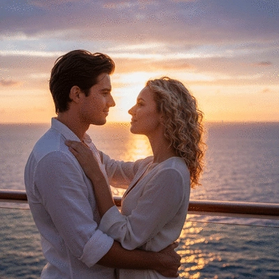 Couple on a honeymoon cruise deck, embracing and looking at the sunset