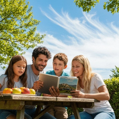 Family looking at a map and planning their next adventure