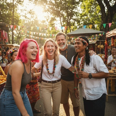 Travelers participating in a local festival, laughing and interacting with locals, showing emotional connection