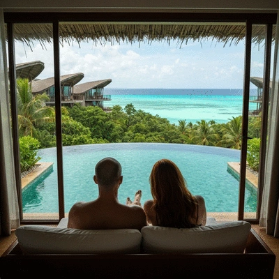 Couple relaxing in a luxurious eco-friendly resort in a tropical destination