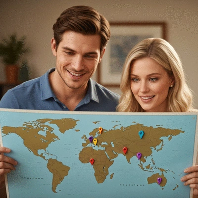 Couple looking at a world map, planning their honeymoon