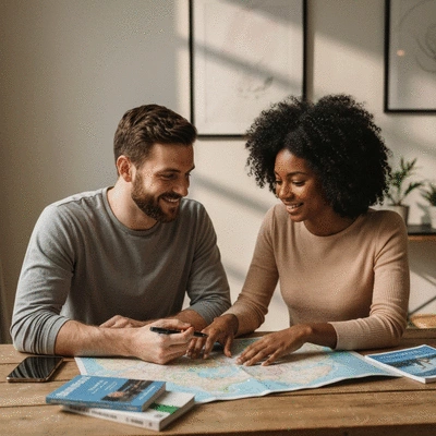 Couple planning their honeymoon with a map and travel guides