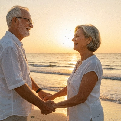 Couple enjoying personalized honeymoon on a serene beach at sunset