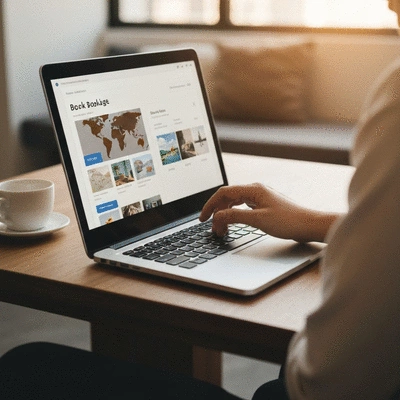 Person using a laptop to book a travel package online