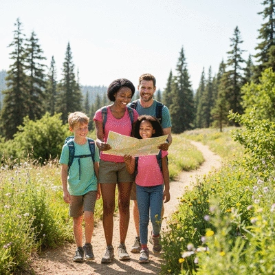 Family hiking in a national park, smiling and looking at a map