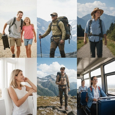 Diverse group of people representing different travel styles: family, adventure, luxury, budget