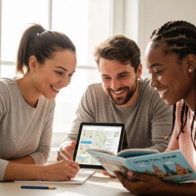 Group of friends happily planning a domestic tour using a tablet and travel guides