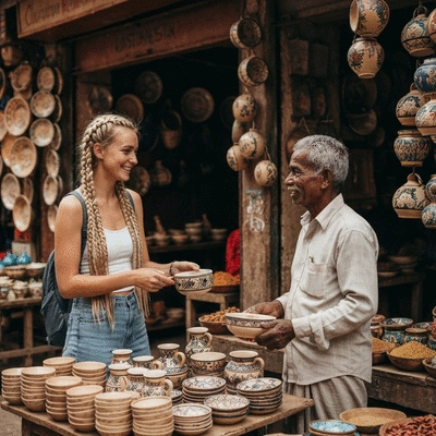 Traveler engaging with local artisan, buying handmade crafts, showcasing slow travel benefits
