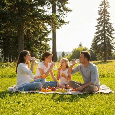 Family drinking water and eating fruit in a scenic outdoor setting