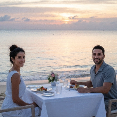 Couple enjoying a romantic gourmet dinner on a private beach at sunset