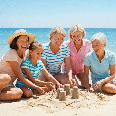 Happy multi-generational family on a beach vacation, laughing and building sandcastles