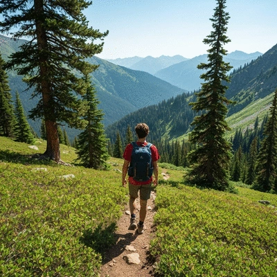 Person hiking on a scenic mountain trail with a backpack
