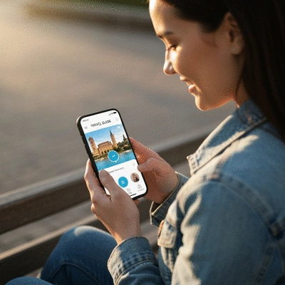 Person using a travel guide app on a smartphone, with a blurred map and landmarks in the background