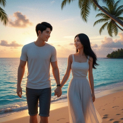 Couple holding hands walking on a tropical beach at sunset