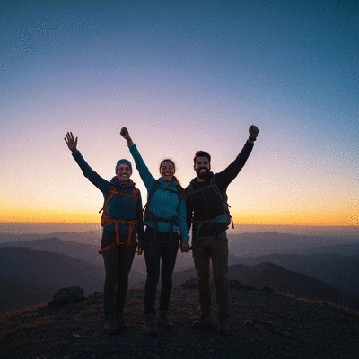 Group of friends celebrating on a mountain peak at sunset