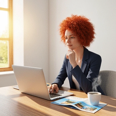 Person planning a weekend getaway on a laptop, with travel brochures and a coffee cup on a stylish wooden desk