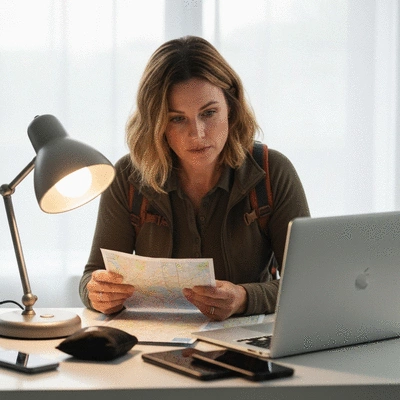 Person planning a seasonal adventure tour on a laptop, surrounded by travel maps and a compass